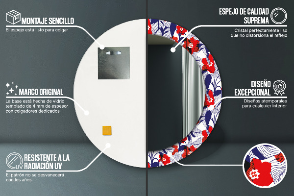 Espejo redondo marco estampado Filodendro y flores rojas