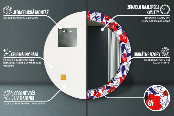 Espejo redondo marco estampado Filodendro y flores rojas