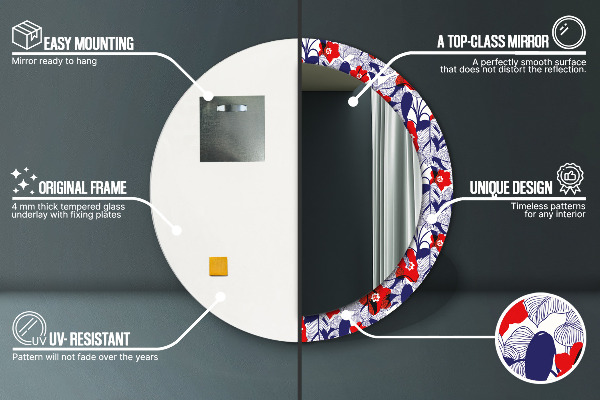 Espejo redondo marco estampado Filodendro y flores rojas