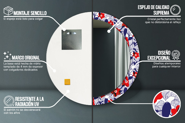 Espejo redondo marco estampado Filodendro y flores rojas