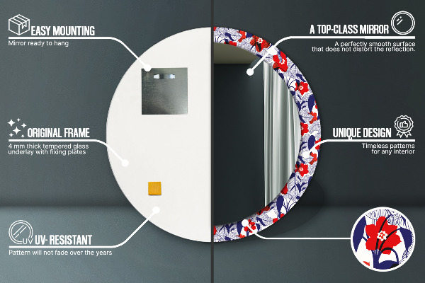 Espejo redondo marco estampado Filodendro y flores rojas