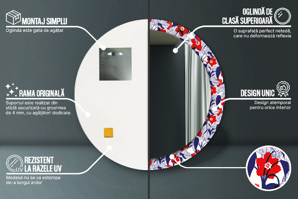 Espejo redondo marco estampado Filodendro y flores rojas