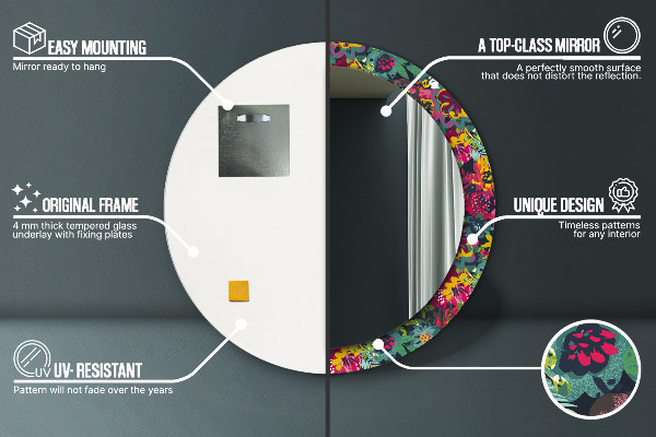 Espejo redondo marco con estampado decorativo Flores pintadas a mano