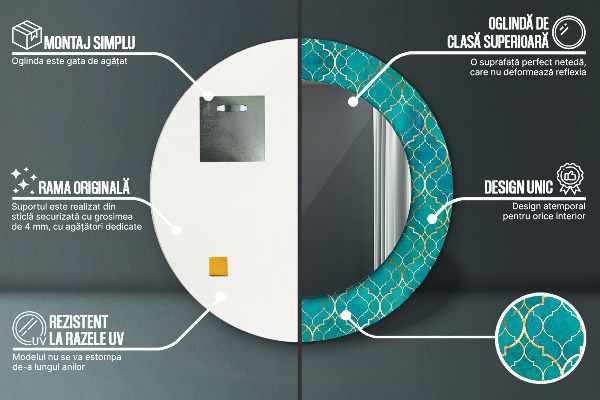 Espejo redondo marco con estampado decorativo Composición verde y dorada.