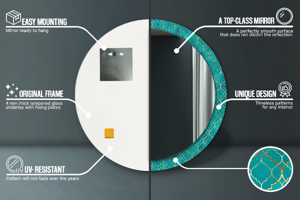 Espejo redondo marco con estampado decorativo Composición verde y dorada.