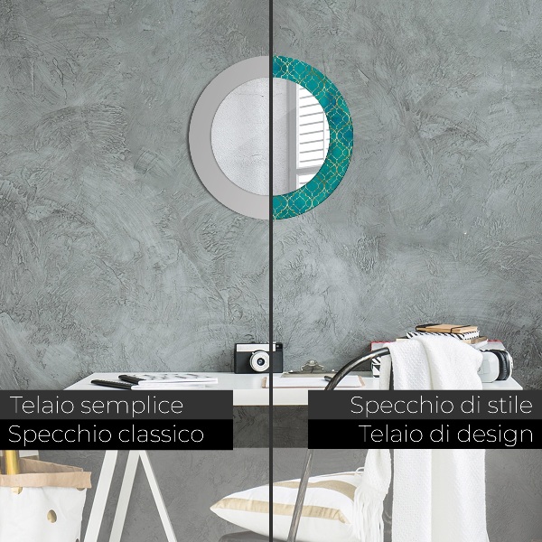 Espejo redondo marco con estampado decorativo Composición verde y dorada.