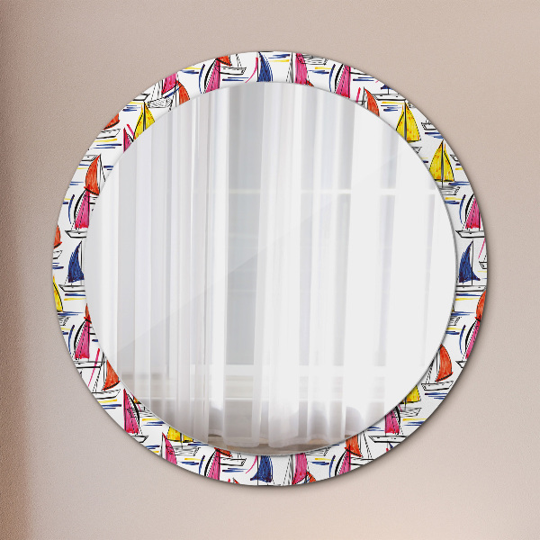 Espejo redondo marco estampado Barco en el lago