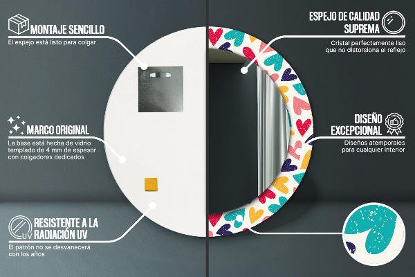 Espejo redondo impreso decorativo redondo Corazones de colores