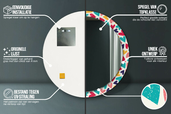 Espejo redondo impreso decorativo redondo Corazones de colores