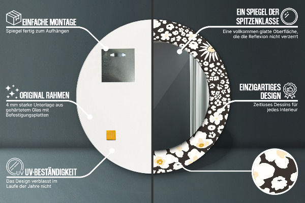 Espejo redondo marco con estampado decorativo Margaritas de marfil