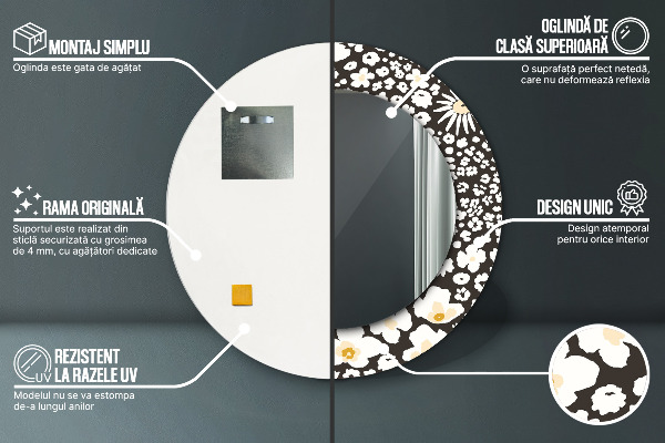 Espejo redondo marco con estampado decorativo Margaritas de marfil