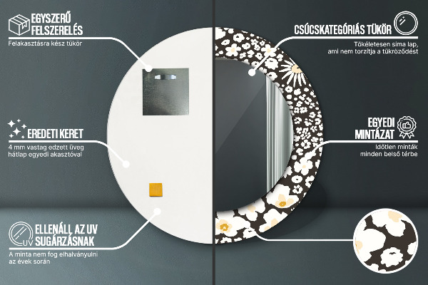 Espejo redondo marco con estampado decorativo Margaritas de marfil