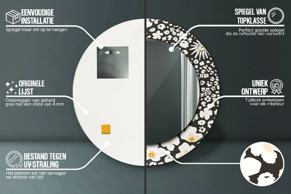 Espejo redondo marco con estampado decorativo Margaritas de marfil