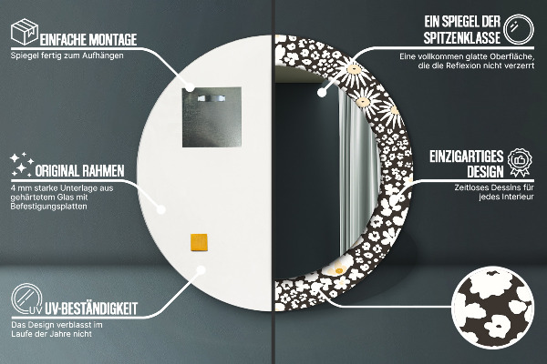 Espejo redondo marco con estampado decorativo Margaritas de marfil