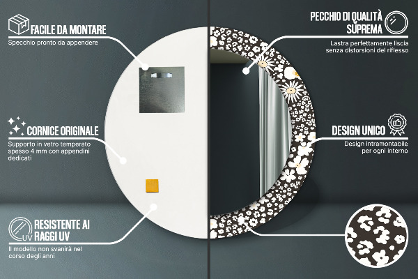 Espejo redondo marco con estampado decorativo Margaritas de marfil