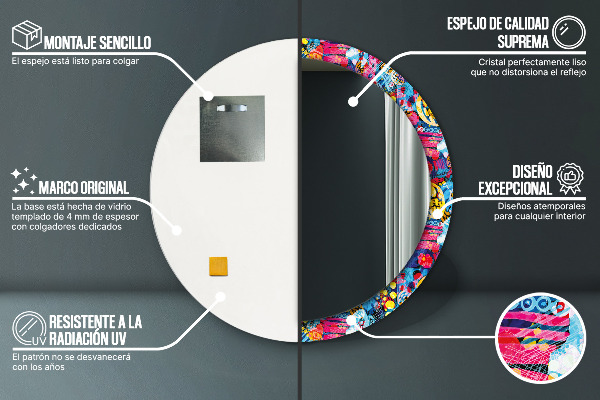 Espejo redondo con decoración Garabatos coloridos