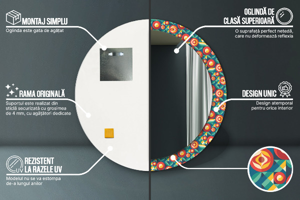 Espejo redondo impreso decorativo redondo Frutas y hojas geométricas.