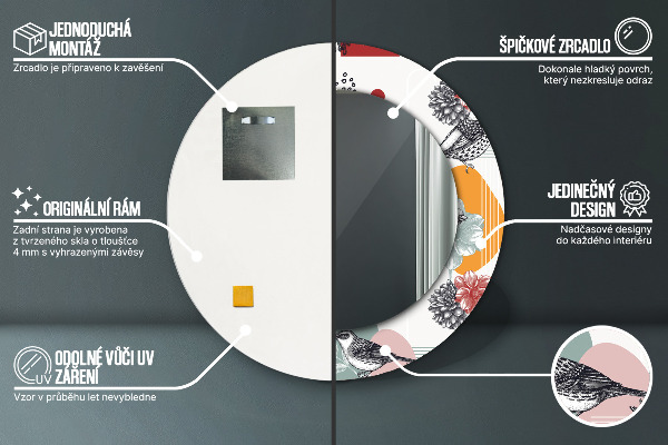 Espejo redondo marco con estampado decorativo Abstracción con pájaros