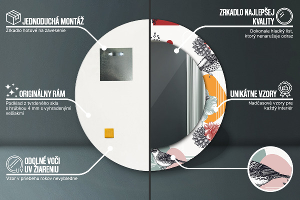 Espejo redondo marco con estampado decorativo Abstracción con pájaros