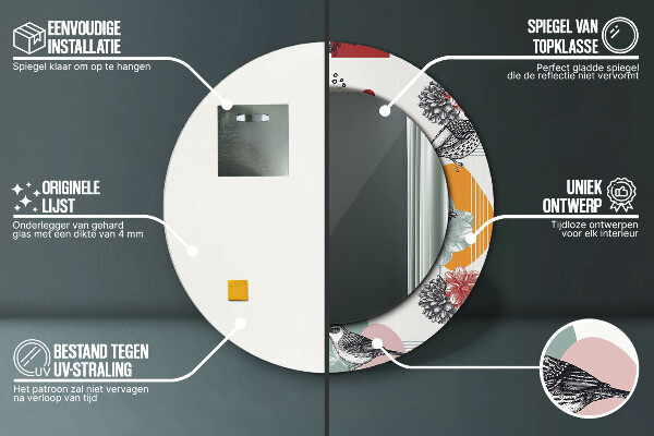 Espejo redondo marco con estampado decorativo Abstracción con pájaros