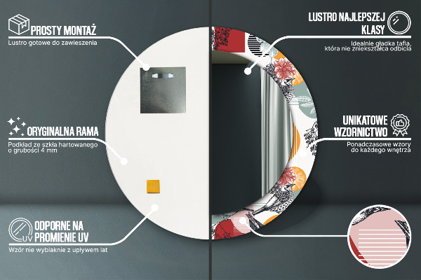 Espejo redondo marco con estampado decorativo Abstracción con pájaros