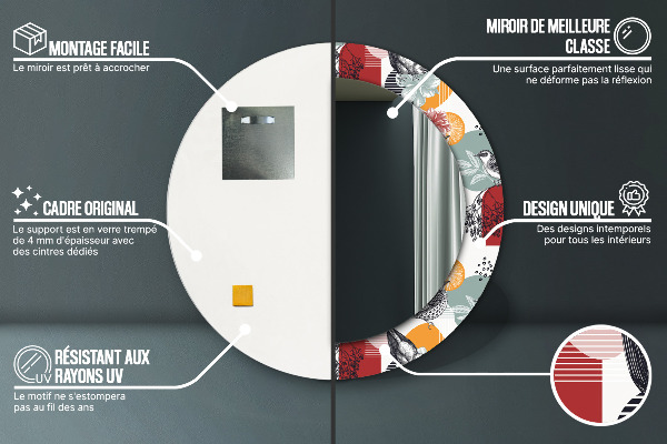 Espejo redondo marco con estampado decorativo Abstracción con pájaros