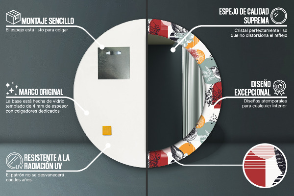 Espejo redondo marco con estampado decorativo Abstracción con pájaros