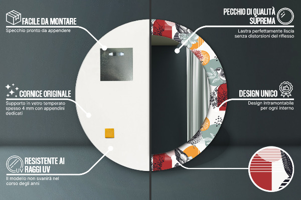 Espejo redondo marco con estampado decorativo Abstracción con pájaros