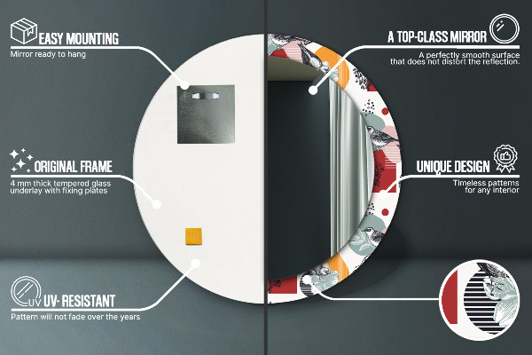 Espejo redondo marco con estampado decorativo Abstracción con pájaros