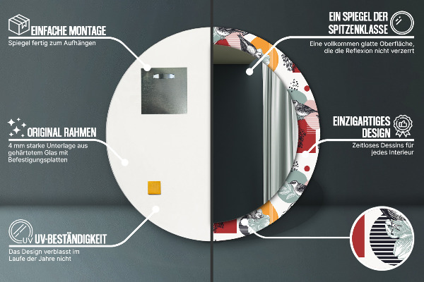 Espejo redondo marco con estampado decorativo Abstracción con pájaros