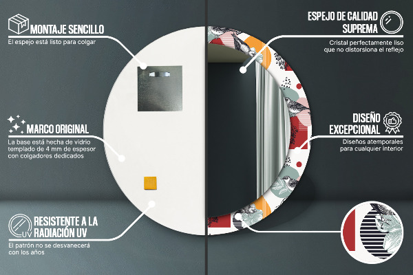 Espejo redondo marco con estampado decorativo Abstracción con pájaros