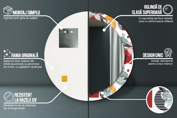 Espejo redondo marco con estampado decorativo Abstracción con pájaros