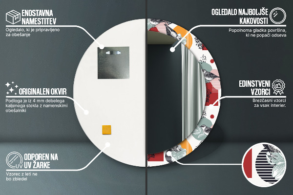 Espejo redondo marco con estampado decorativo Abstracción con pájaros