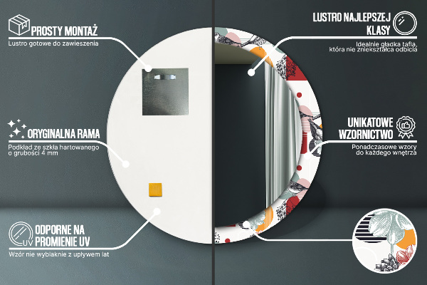 Espejo redondo marco con estampado decorativo Abstracción con pájaros