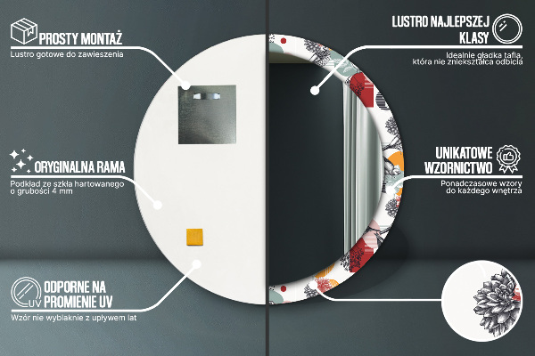 Espejo redondo marco con estampado decorativo Abstracción con pájaros