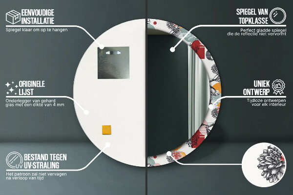 Espejo redondo marco con estampado decorativo Abstracción con pájaros