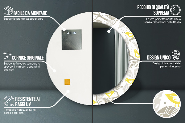 Espejo redondo marco con estampado decorativo Pájaros amarillos en las ramas