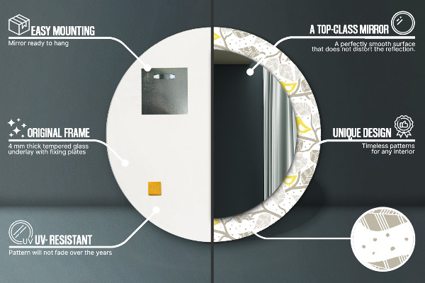 Espejo redondo marco con estampado decorativo Pájaros amarillos en las ramas