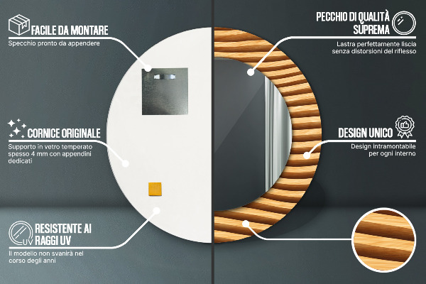 Espejo redondo marco con estampado decorativo Onda de madera