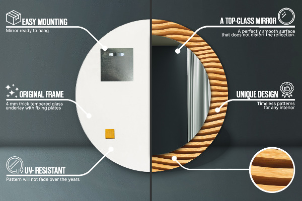 Espejo redondo marco con estampado decorativo Onda de madera