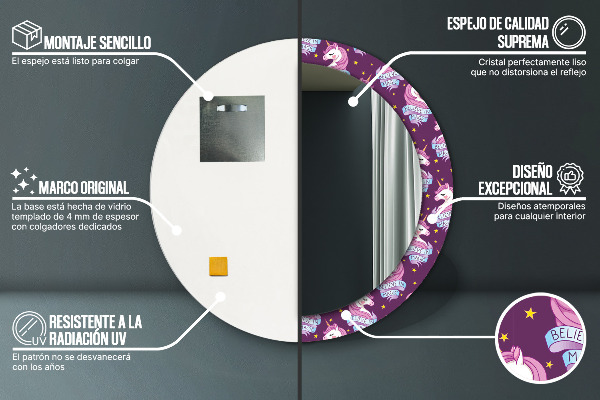 Espejo redondo impreso decorativo redondo Estrellas unicornio