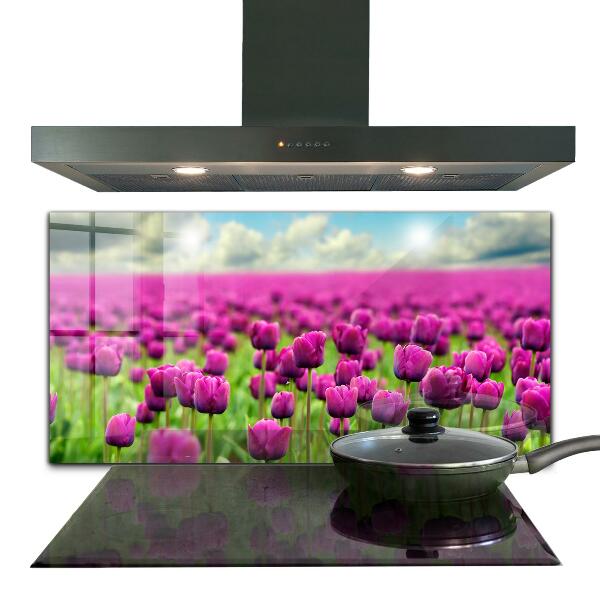 Paneles de vidrio para la cocina Campo de pradera de tulipanes rosados
