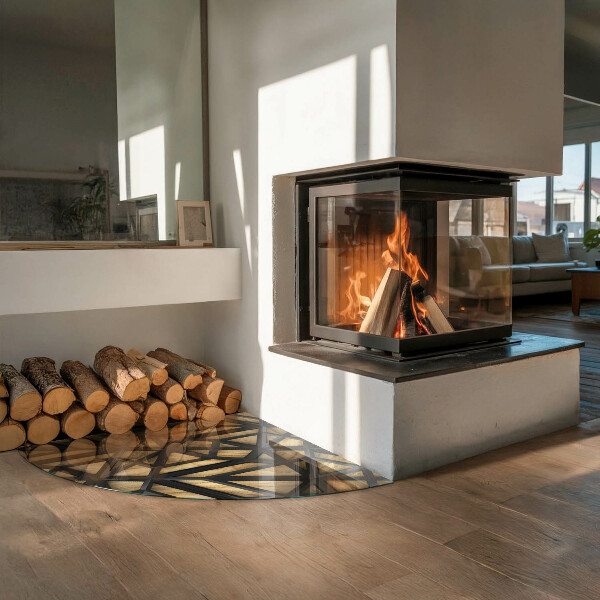 Cuarto de círculo protector suelo para estufa de leña Geometría con madera