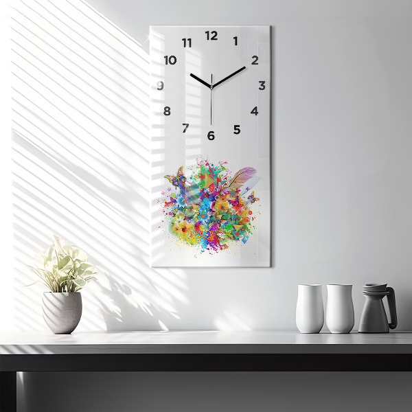 Reloj de vidrio vertical Armonía floral con mariposas - espejomat.es