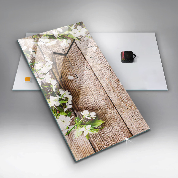 Reloj de vidrio vertical Flores sobre madera - espejomat.es