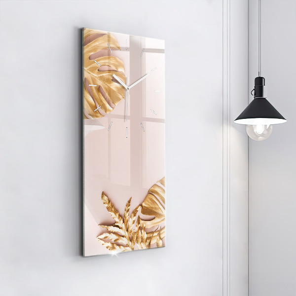 Reloj de cristal vertical Hojas tropicales doradas - espejomat.es