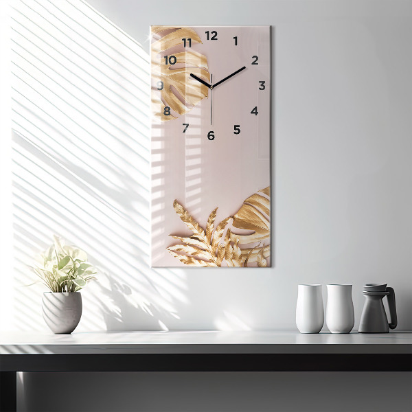 Reloj de cristal vertical Hojas tropicales doradas - espejomat.es