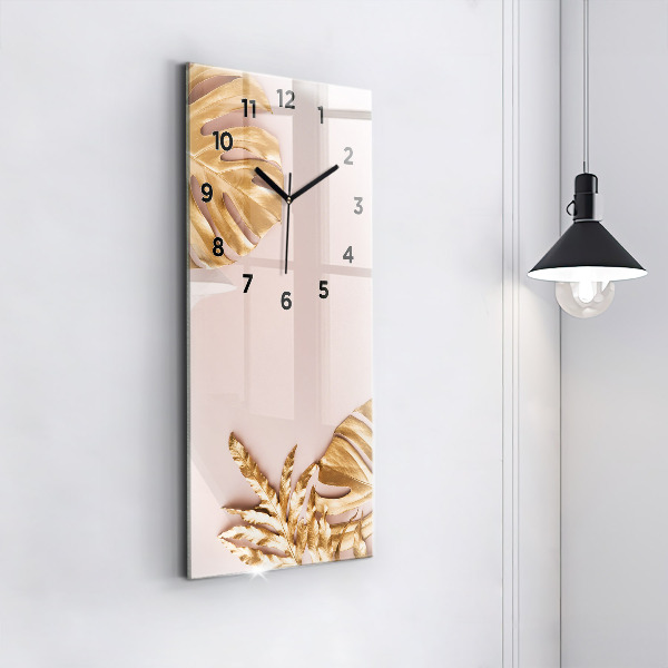 Reloj de cristal vertical Hojas tropicales doradas - espejomat.es