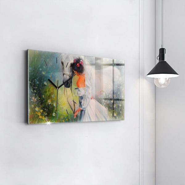 Reloj de cristal horizontal Hermosa mujer con un caballo