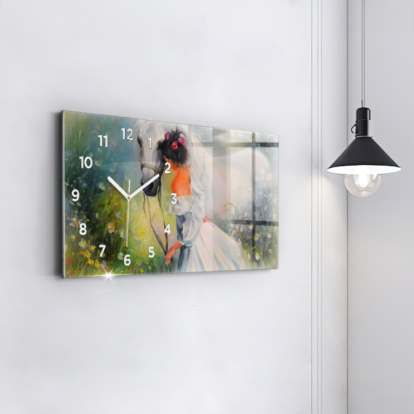 Reloj de cristal horizontal Hermosa mujer con un caballo